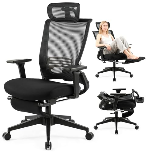 Wofbing Klappbar Bürostuhl mit Fußstütze, Ergonomisch Schreibtischstuhl mit Lendenwirbelstütze, Kopfstütze, Chefsessel Mesh Stuhl 150 kg für platzsparendes Arbeiten von zu Hause aus, Schwarz