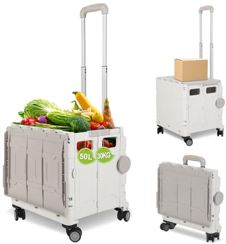 Vkechh Hopfällbar kundvagn med lock, teleskophandtag och lock, 4 x 360° hjul, upp till 50 kg, 50 liters låda, shoppingvagn för shopping, marknader och camping, vit
