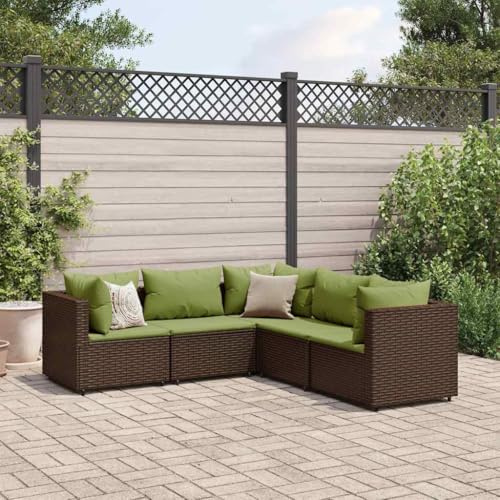 QJBSAVVA Salon de jardin 5 pièces en rotin synthétique, marron, 63 x 63 x 57,5 cm, avec coussins en polyester vert, groupe de sièges modulaire, pour extérieur, robuste et durable, pour balcon
