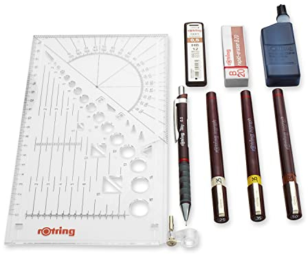 rOtring Isograph Fineliner College Set | 3 Isograph Tuschefüller (0,25 mm0,35 mm und 0,50 mm)Tikky Druckbleistift (0,5mm) und Zubehör