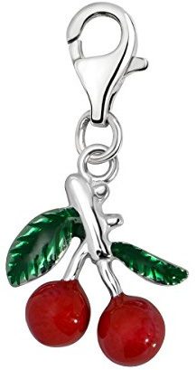 Quiges Charm Anhänger Rot und Grün Emaille 3D Kirsche 925 Silber mit Karabinerverschluss für Bettelarmband