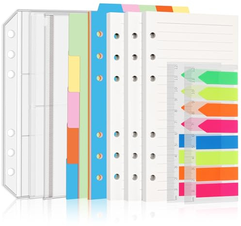 Antner A6 Refill Paper Planner Inserts for A6 6 Ring Notebook Binder, 135 Sheets Lined Filler Paper, 3 Binder Pockets & 10 Dividers & 160PCS Neon Sticky Tabs for Refillable Personal Planners Journals