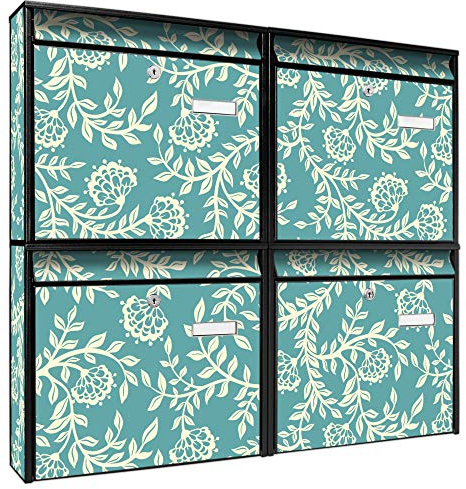 banjado Briefkastenanlage 4 Fach - Postkästen groß - verzinkter Stahl schwarz DIN A4 Motiv Rankenornament - Briefkasten Set 4 Briefkästen Namensschild, 2 Schlüssel, Montagematerial