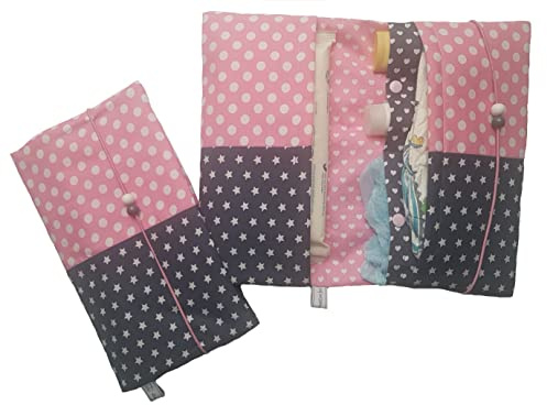 die-kreative-fee Handmade Windeltasche Stoff 4 Fächer Windelorganizer | mit Elastikkordel, geöffnet ca. 33x27 cm, ideal für unterwegs, graue Sterne und farbige Pünktchen unterteilt