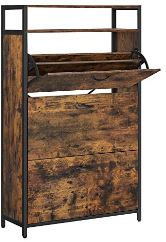 VASAGLE Schuhschrank, schmales Schuhregal, Schuhkipper mit 3 Klappen, für 15-24 Paar Schuhe, platzsparend, staubdicht, 30 x 80 x 130 cm, für Flur, vintagebraun-schwarz LBS802B01