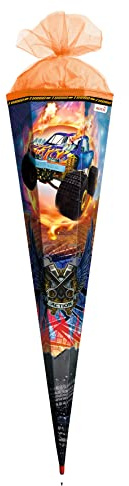 ROTH Schultüte groß Monstertruck Fire mit Spezialborte 85 cm - 6-eckig Rot(h)-Spitze Tüllverschluss - Zuckertüte Schulanfang