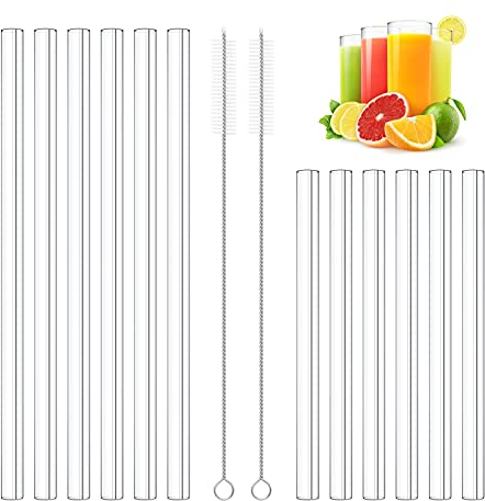 Kiemeu 12 Stücke Glasstrohhalme spülmaschinenfest, Φ10 mm dicke Trinkhalme wiederverwendbar für Smoothie, Slush Ice und Cocktail