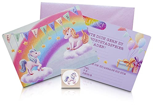 Milaboo® 12er Set Einladungskarten Kindergeburtstag Mädchen Einhorn Glitzer mit Premium Umschlägen und Stickern I Geburtstagseinladungen mit echtem Glitzer für Mädchen I Made in Germany