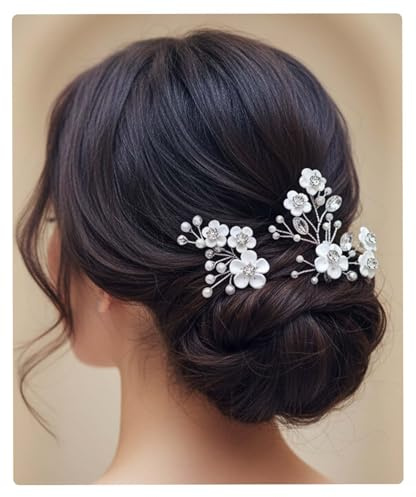Flayem Hochzeit Haarnadeln Brautschmuck Blume Silber Strass Braut Perle Haarnadel Haarschmuck für Damen und Mädchen (2 Stück) (Silber)