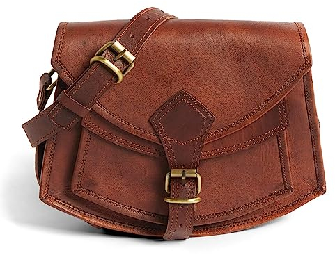LEABAGS Leder Handtasche Damen I Premium Echtleder Umhängetasche I Damen Schultertasche I Damentasche I Tragetasche für Arbeit Uni Schule Freizeit I Größe M (23 x 15 x 7 cm) I Vintage Cognac