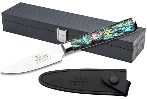 Katana Saya Pearl 9 cm Gemüsemesser – VG-10-Damaststahl mit hohem Kohlenstoffgehalt für extreme Robustheit und Schärfe – Acrylgriff mit Abalone-Muster
