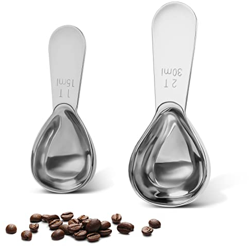 Stainless steel coffee scoop 2-piece set (1 tbsp, 2 tbsp) durable Tablespoon, ergonomic measuring spoon, Suitable for small and large jars，short-handled spoon (Silver)