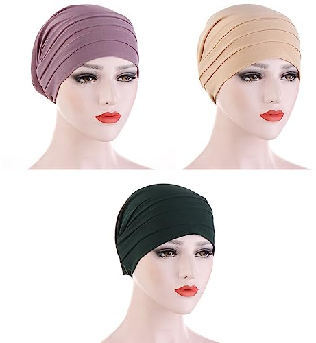 3 Stück Damen Chemo Mütze, Elastische Turban Beanie Bandana Hüte Muslimische Kopftuch Chemo Kopfbedeckung Damen Sommer Baumwolle Hut Headwear für Haarausfall Chemo Krebs Cap Schlafmütze Kopftuch