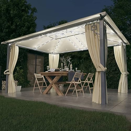ZEYUAN Gazebo with Curtain&LED String Lights 4x3 m Cream Aluminium,Pop Up Gazebo,Protective Cover Gazebo,Sun Shades Pop Up Tent