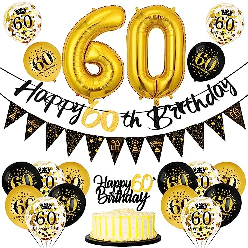 60er Geburtstag Deko Mann Frau: Luftballon, Banner, Folienballon & Cake Topper Schwarz-Gold für Party Dekoration