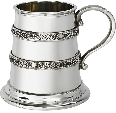 Quarter Pint Christening Baby Gift Double Celtic Band Detail on Mug Pewter Scroll Handle Perfect for Engraved Supplied in Satin Presentation Box