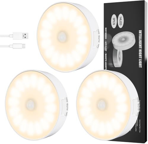 Electight 3 Pièce Veilleuse à Induction, Veilleuse Détecteur de Mouvement | 3 Modes, Rechargeable par USB/Adsorption Magnétique, pour Armoires, Escaliers, Couloirs, Jaune Chaud