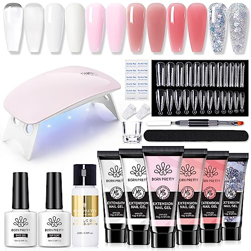 Born Pretty Polygel Starter Set mit UV Lampe, Nagelset Gelnägel Starterset 6 Farben Transparent Weiß Nude Rose Glitzer Polygel Nägel und Slip Solution Base Top Coat Acrylnägel Nagelverlängerung Kit