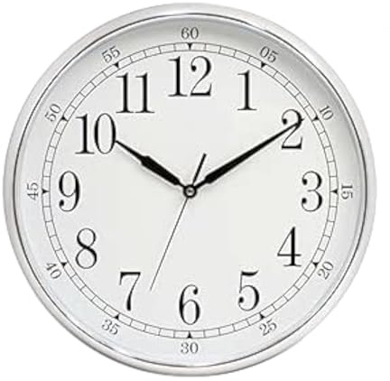 ROCKING GIFTS Orologio da parete rotondo in plastica argentata e bianca con meccanismo silenzioso, decorazione murale moderna e minimalista, 33 cm