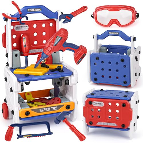 DINORUN Werkzeugkoffer Kinder Werkbank Kinder Spielzeug 3 IN 1 Werkzeug Kinder mit Elektrische Bohrmaschine, Kinderspielzeug ab 3 4 5 6 Jahre