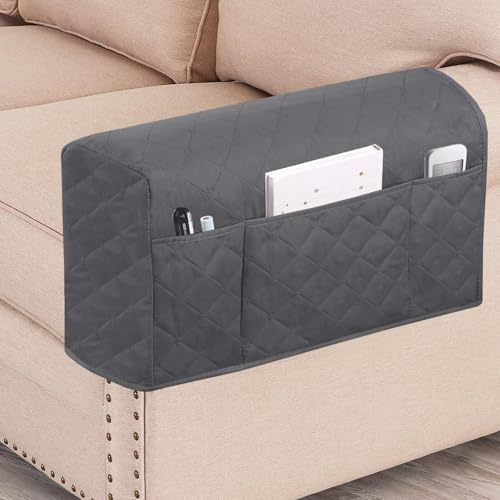 FANSU Fundas para reposabrazos con 3 bolsillos, fundas impermeables para sillón, protector de muebles lavable, apto para sillón, sofá, sillón reclinable o soporte remoto de TV (juego de 2, gris oscuro