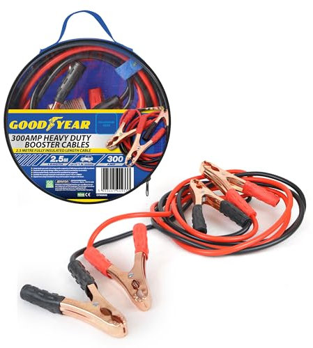 Goodyear 2.5m 300amp Hd Booster Cables-Jump Leads Long| Powerful Coil Spring Clamps| Colour-coded Clamp| Zipped Carry Bag Included| Fully Insulated Length Cable| Suitable For Cars And Vehicles 1900CC