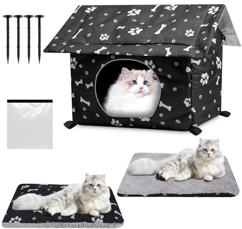 Katzenhaus Outdoor Winterfest, Katzenhöhle für Draußen, Katzenhaus Outdoor Winterfest Isoliert, mit Abnehmbarem Transparentem Vorhang, Abnehmbarem Kissen, Outdoor Katzenhaus Winterfest (Schwarz, L)