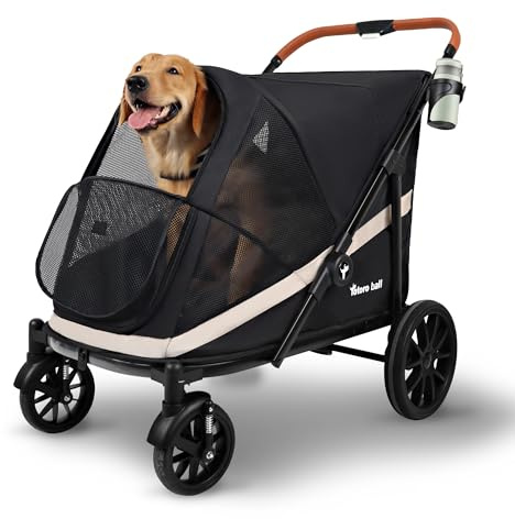 Totoro ball Dog Stroller for Large Dogs One-Click Folding 4 Wheel Foldable Dog Stroller for 2 Dogs with Storage Pocket Suitable for Pets Up to 80LBS (Black, Large)