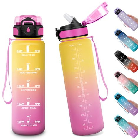 Borraccia 1L , Borraccia con Cannuccia, Bottiglia Riutilizzabile, Bottiglia Acqua a Prova di Perdite, Bottiglia Acqua con indicatore Orario, Borracce per Bici, Scuola, Fitness, Sport, Gym, Yoga