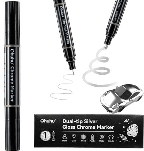 Ohuhu Chrome Paint Pen, 1 PCS Silver Liquid Chrome Markers with Gloss Mirror Water-Proof Lightfast Permanent Paint Markers for Repairing Metal Glass Plastic Car Tire DIY Crafts Models Posters