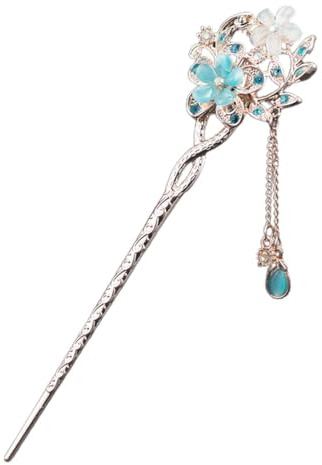 Varilla de pelo china de metal vintage para el pelo, palillos japoneses, flores, palillos de ópalo, pasador para el pelo, accesorio para el cabello (azul)