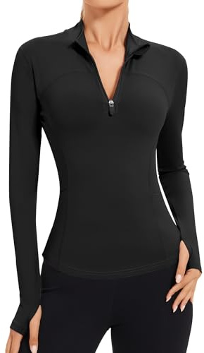 IECCP Haut de sport pour femme avec fermeture éclair 1/4, manches longues, séchage rapide, vêtements de sport athlétiques légers avec trous pour les pouces, poches latérales pour le yoga, la course