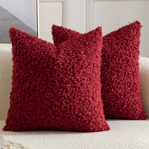 Yaertun 2er Set Kissenbezug Teddywolle Faux Pelz Dekorative Kissenbezüge Plüsch Bouclé Sofakissen Couchkissen Dekokissen Zierkissenbezug Deko Kissenhülle Schlafzimmer Wohnzimmer 45x45 cm Bordeaux