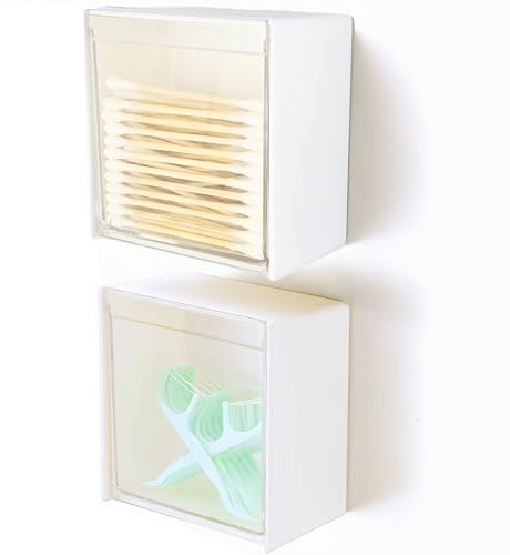 Josphlies Qtip Holder Wall Mount for Cotton Swabs, Balls, Pads, Hair Ties,Floss Picks- Small Plastic Bathroom Wall Organizers and Storage Set,Bedside Shelf,Home Decor,Dorm Room Essentials (2)