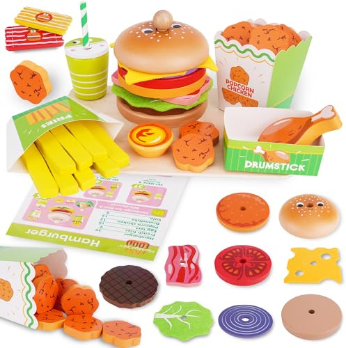 Melofaver Holzspielzeug Burger Spielzeug Kinder, Kinderküche Zubehör Holz | Holzspielzeug Fast Food Set Matschküche Zubehör mit Burger, Pommes, Drumsticks, Cola, Kinder Spielzeug Geschenk Junge Mädchen
