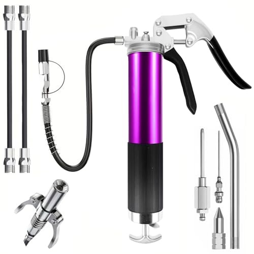 AOZBZ Grease Gun Kit, 7000 PSI Heavy Duty with Flexible Hose, 14oz Grease Guns Cartridge Load, Reinforced Coupler, Metal Pipe, Needle Nozzle, Grease Gun, Compatible with 400cc Cartridge(Purple)