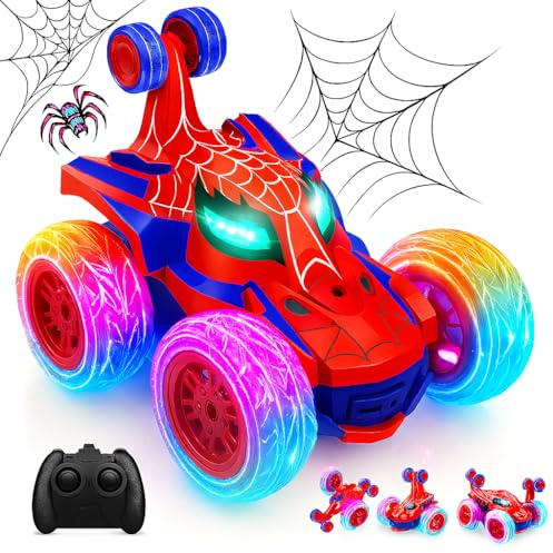 Waka Tienda Spider Coche teledirigido acrobacia con 360 Grados de rotación, 2.4 GHz, Juguetes niños niñas 3 4 5 6 7 8 Años. Coche RC Monster Truck con Luces, Regalo Cumpleaños Navidad