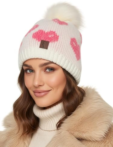 Baesics Bommelmütze Damen Herren - Herz Wintermütze Kunstfell Bommel warm | Mit flauschigem Pompon und weichem Fleecefutter, Größe ca. 54-58 cm, Strick aus der EU. Warm für Herbst, Winter und als