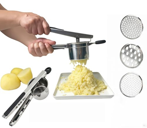 Potato Ricer Stainless Steel with 3 Interchangeable Discs, Heavy Duty Potato Masher & Squeezer, Hand Ricer for Mashed Potatoes and Food Press, Easy to Clean Kitchen Tool