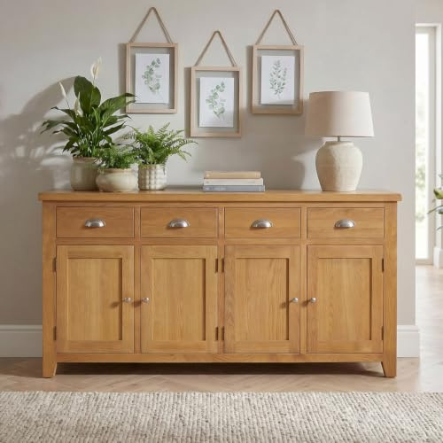 Cheshire Oak Extra Large 4 Drawer 4 Door Sideboard – Solid Oak Shaker Furniture, 1900mm Wide x 435mm Deep x 860mm High, Natural Satin Lacquer Finish
