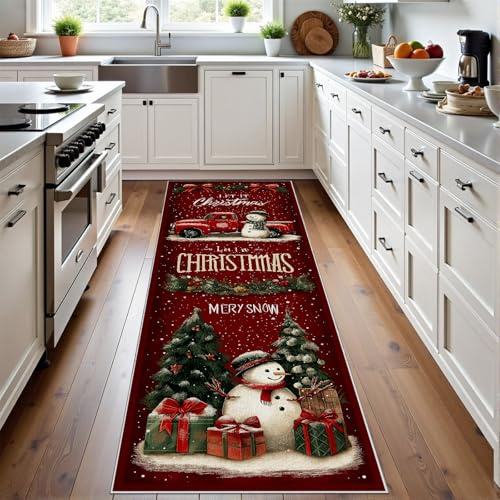 Meugesoi Weihnachten Schneemann Teppich Flur Läufer Weihnachtsbaum Teppichläufer Küchenläufer Retro Rot Lastwagen Carpet rutschfest Waschbar für Bettvorleger Flur Küche Waschküche 80X180 cm