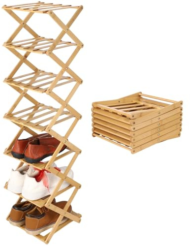 SWEWARM 7 Tier Wooden Vertical Shoe Rack, Folding Narrow Shoe Organizer, Standing Portable Shoe Storage Shelf for Entryway, Bedroom, Living Room Corner and Small Spaces, No Installation, Space-Saving