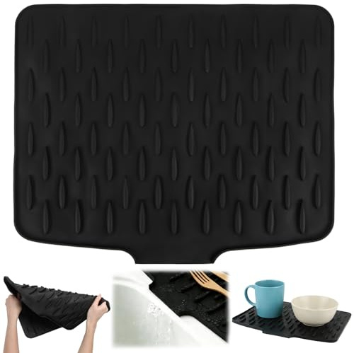 LFBEST Silicone Dish Drying Mat, 40x32cm Non-Slip Sink Drainer Mat & Heat Resistant Silicone Draining Mat, No-Spill Drying Mat for Kitchen Counter, Black