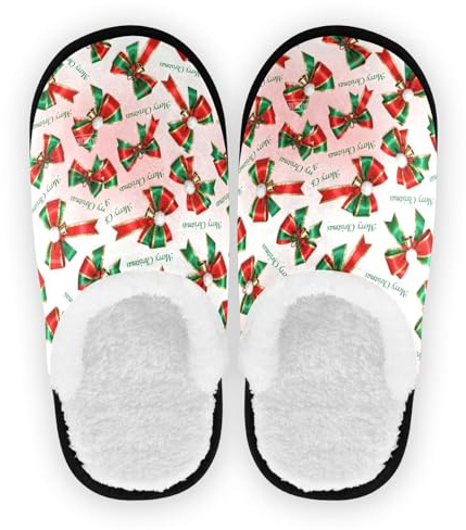 GuoChe hemskor för män kvinna korall fleece halkfri sula luddig mjuka husskor inomhus utomhus vinter sovrum M, God jul röd rosett, Medium