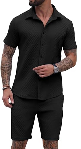 QIXING Set tuta da uomo 2 pezzi abbigliamento estivo lavorato a maglia testurizzato button down camicia e pantaloncini set casual Co Ord set per vacanze al mare