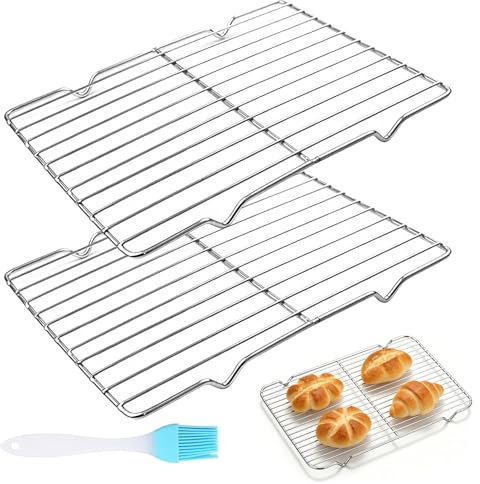 2 Pack Cooling Racks for Baking, 30 x 20 cm / 11.8 x 7.9 in Stainless Steel Wire Rack Set with Baking Brush, Kitchen Racks for Cooling Cakes, Roasting Meat, Grilling and Drying Food