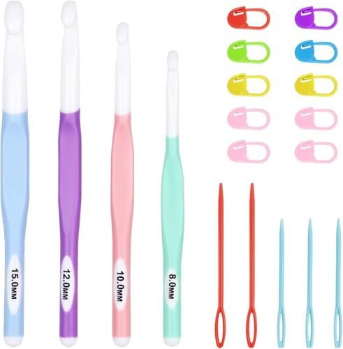 19 Aiguilles Crochet Ergonomique Tricot 8mm 10mm 12mm 15mm Kit Set | Pour crochet, tricot, laine, artisanat, création, fil, tissu, handarbeit, stricken, häkeln, needle, craft, yarn