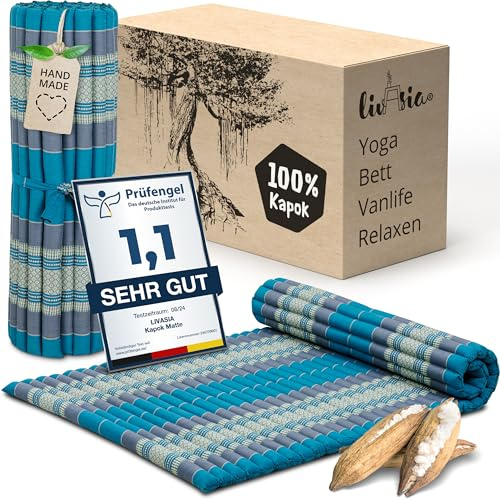 livasia colchón/esterilla enrollable L amplio y cómodo - 200x110x4,5cm - Cama invitados bordada 1 persona, Cama de viaje, Esterilla tailandesa de kapok para jardín/balcón artesana (Azul Claro)