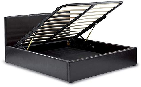 MODERNIQUE 4ft6 Double Storage Ottoman Gas Lift Up Bed Frame, Massive Storage Underneath Black Faux Leather High Headboard Bed, Sprung Wooden Slats Base