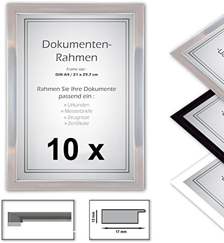 10 x Urkundenrahmen, DIN A4, 21x29,7 Fotorahmen, Bilderrahmen A4,Silber